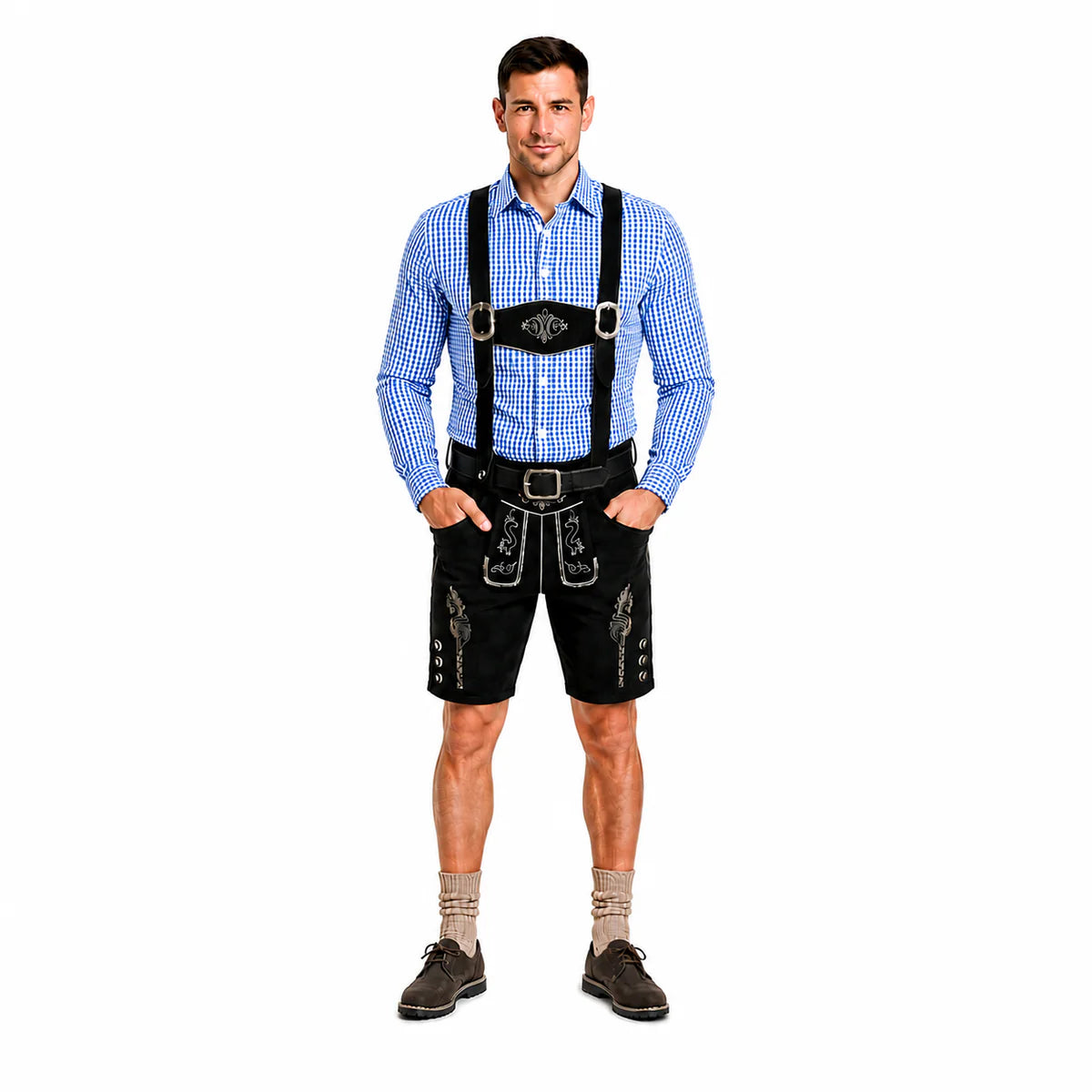 Lederhosenset Emil met blauw hemd en sokken