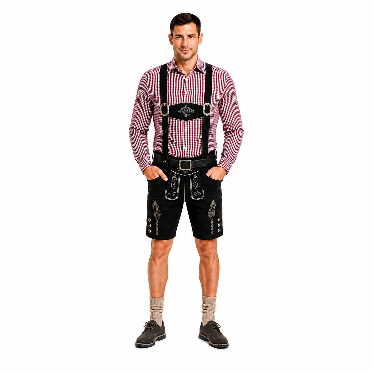 Lederhosenset Emil met bordeau hemd en sokken