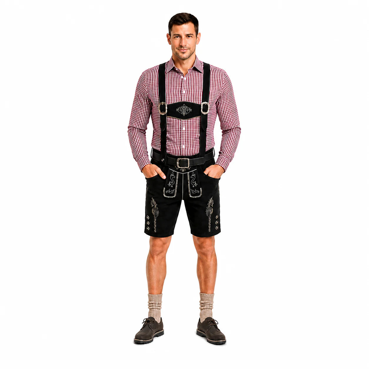 Lederhosenset Emil met bordeau hemd en sokken