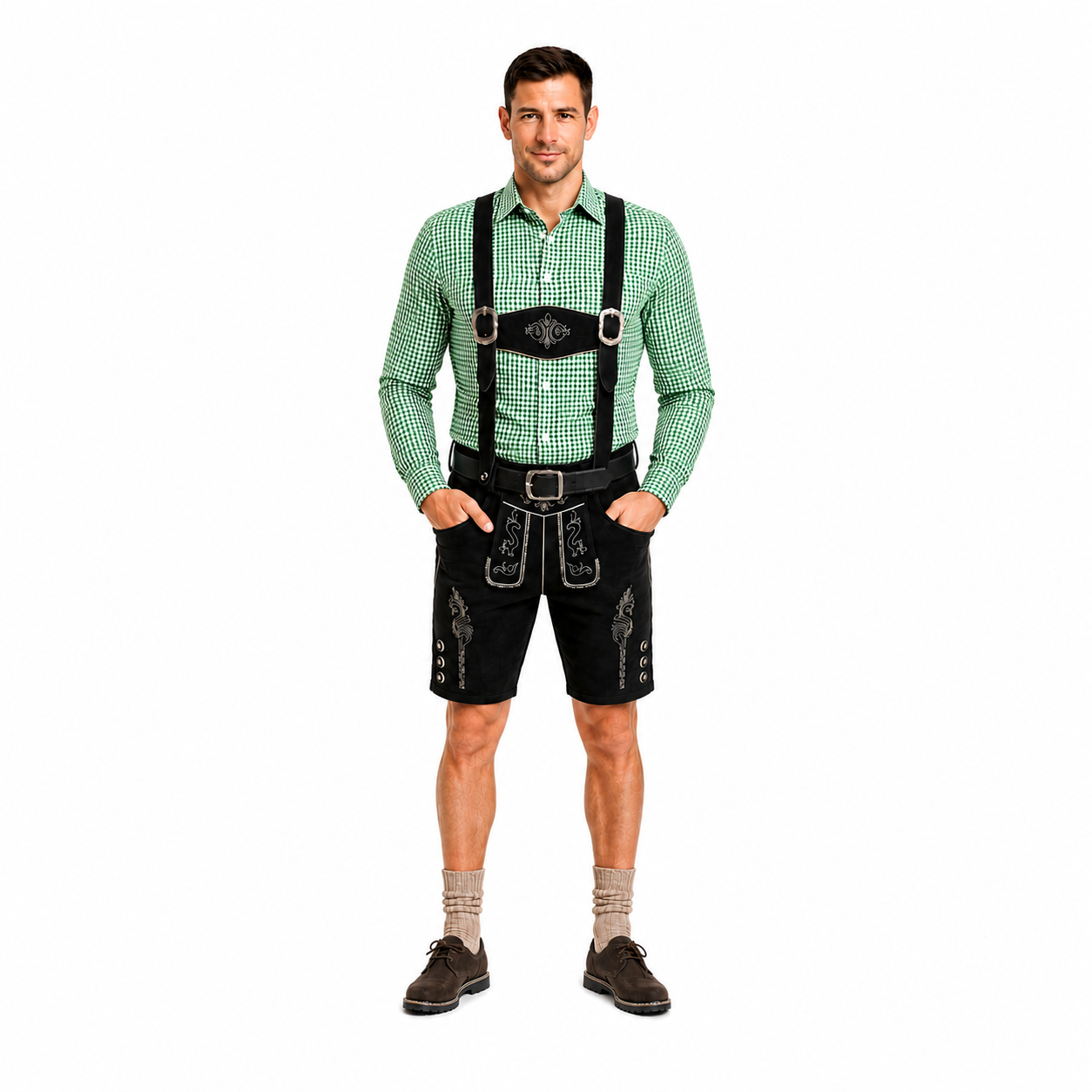 Lederhosenset Emil met groen hemd en sokken