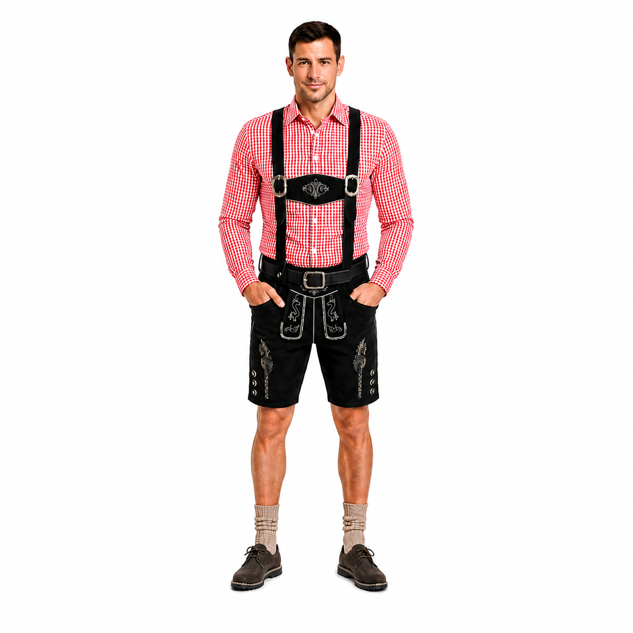 Lederhosenset Emil met rood hemd en sokken