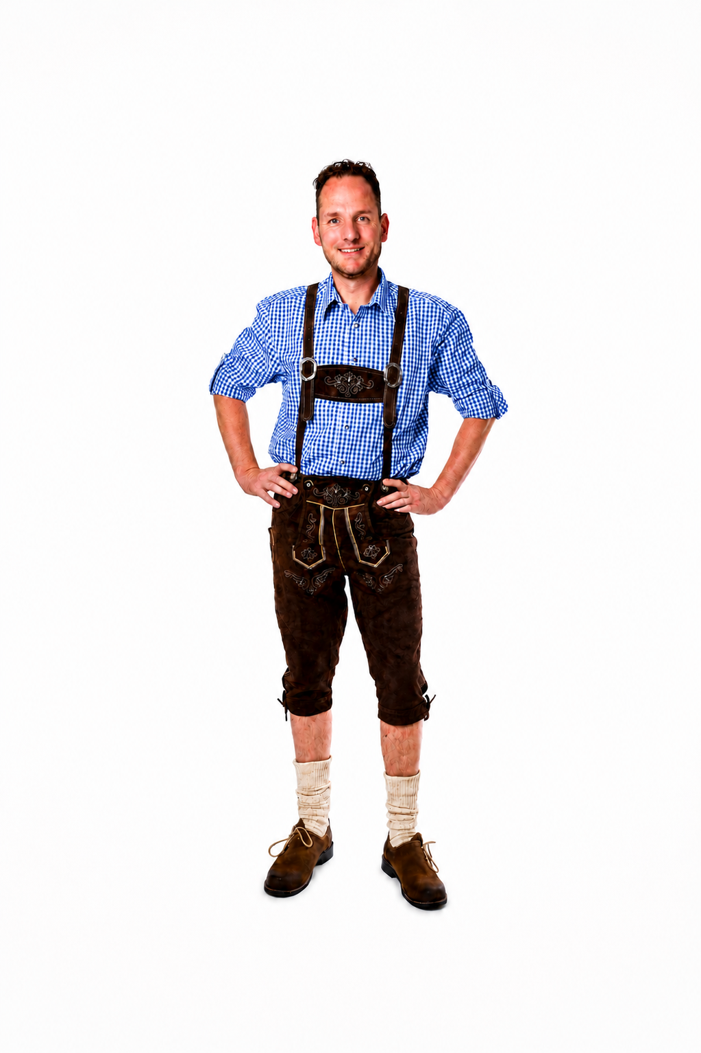Lederhosenset Jupp met blauw hemd en sokken