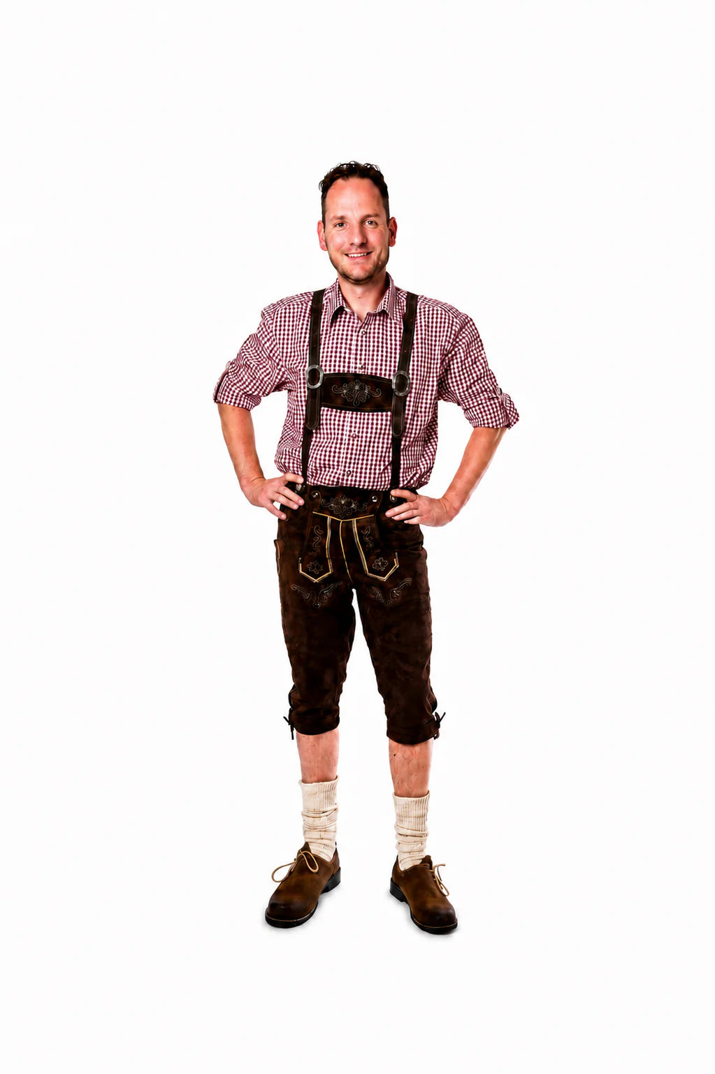 Lederhosenset Jupp met bordeau hemd en sokken