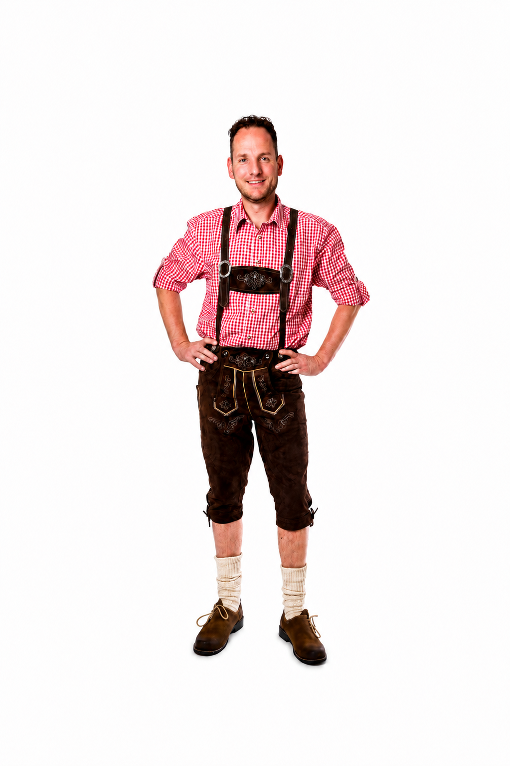 Lederhosenset Jupp met rood hemd en sokken