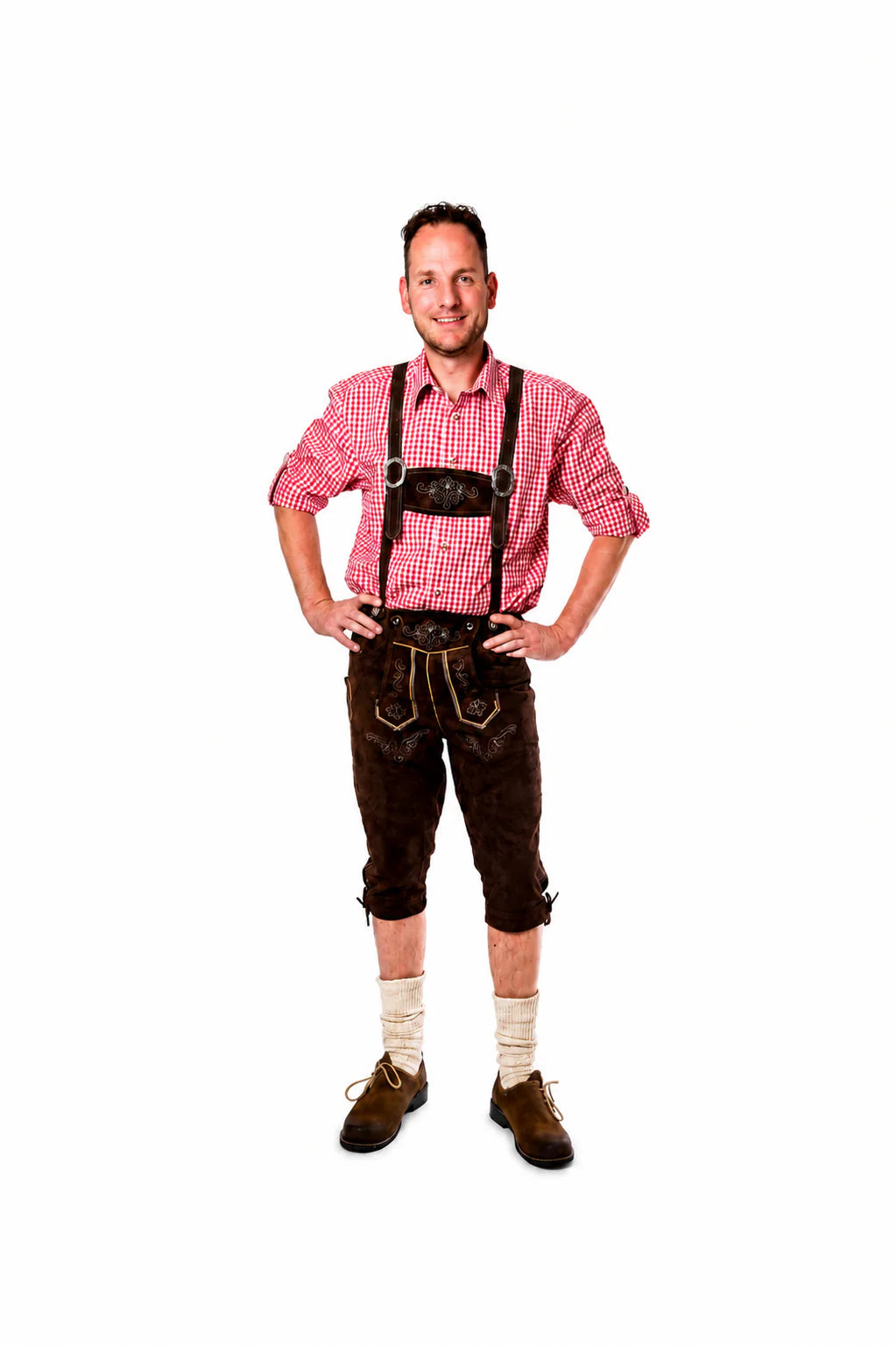Lederhosenset Jupp met rood hemd en sokken