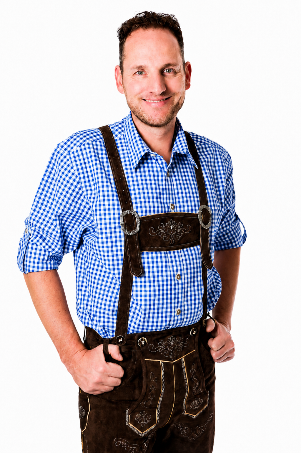 Lederhosenset Jupp met blauw hemd en sokken