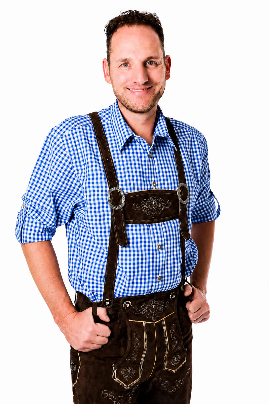Lederhosenset Jupp met blauw hemd en sokken
