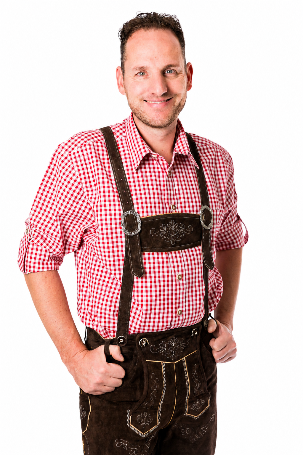 Lederhosenset Jupp met rood hemd en sokken