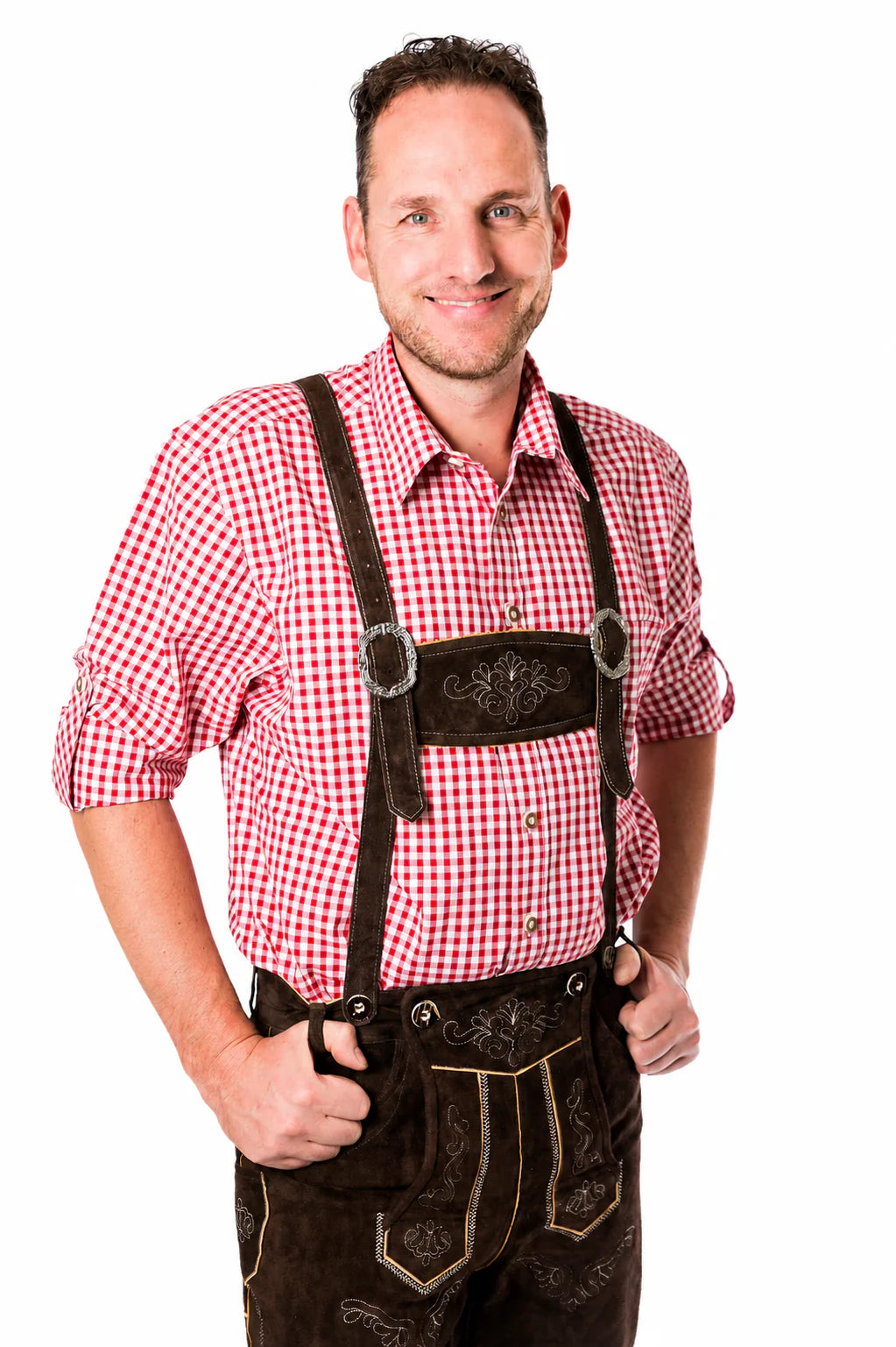 Lederhosenset Jupp met rood hemd en sokken