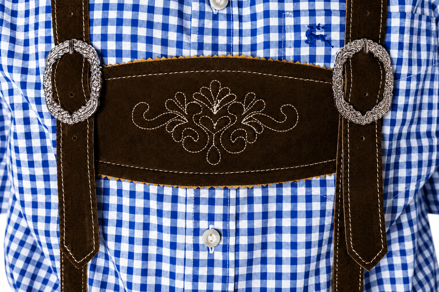 Lederhosenset Jupp met blauw hemd en sokken