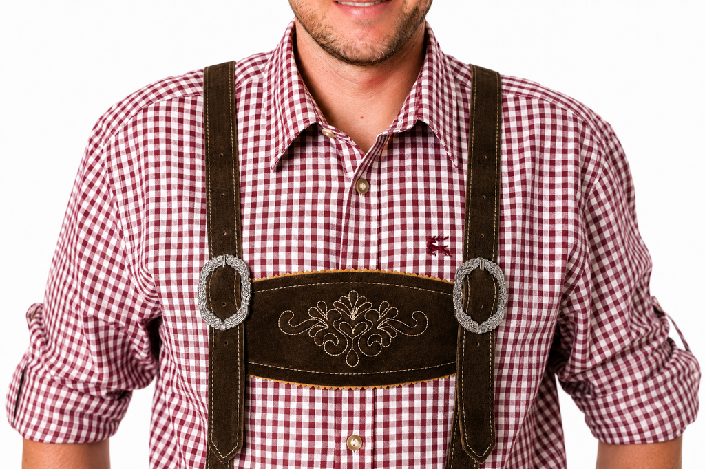 Lederhosenset Jupp met bordeau hemd en sokken