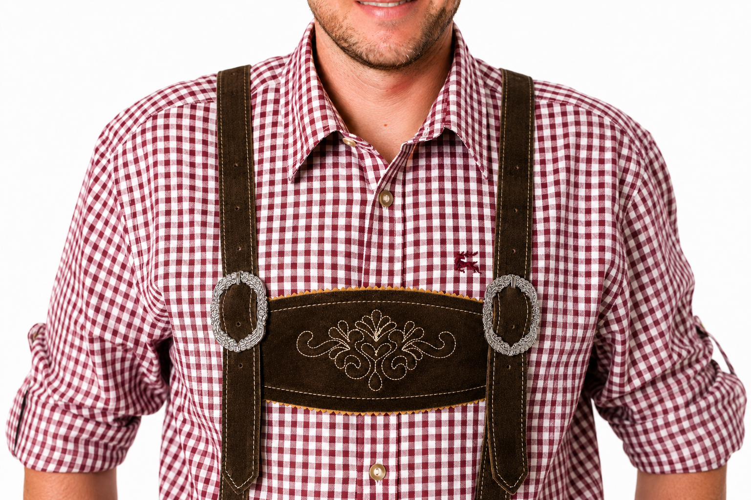 Lederhosenset Jupp met bordeau hemd en sokken