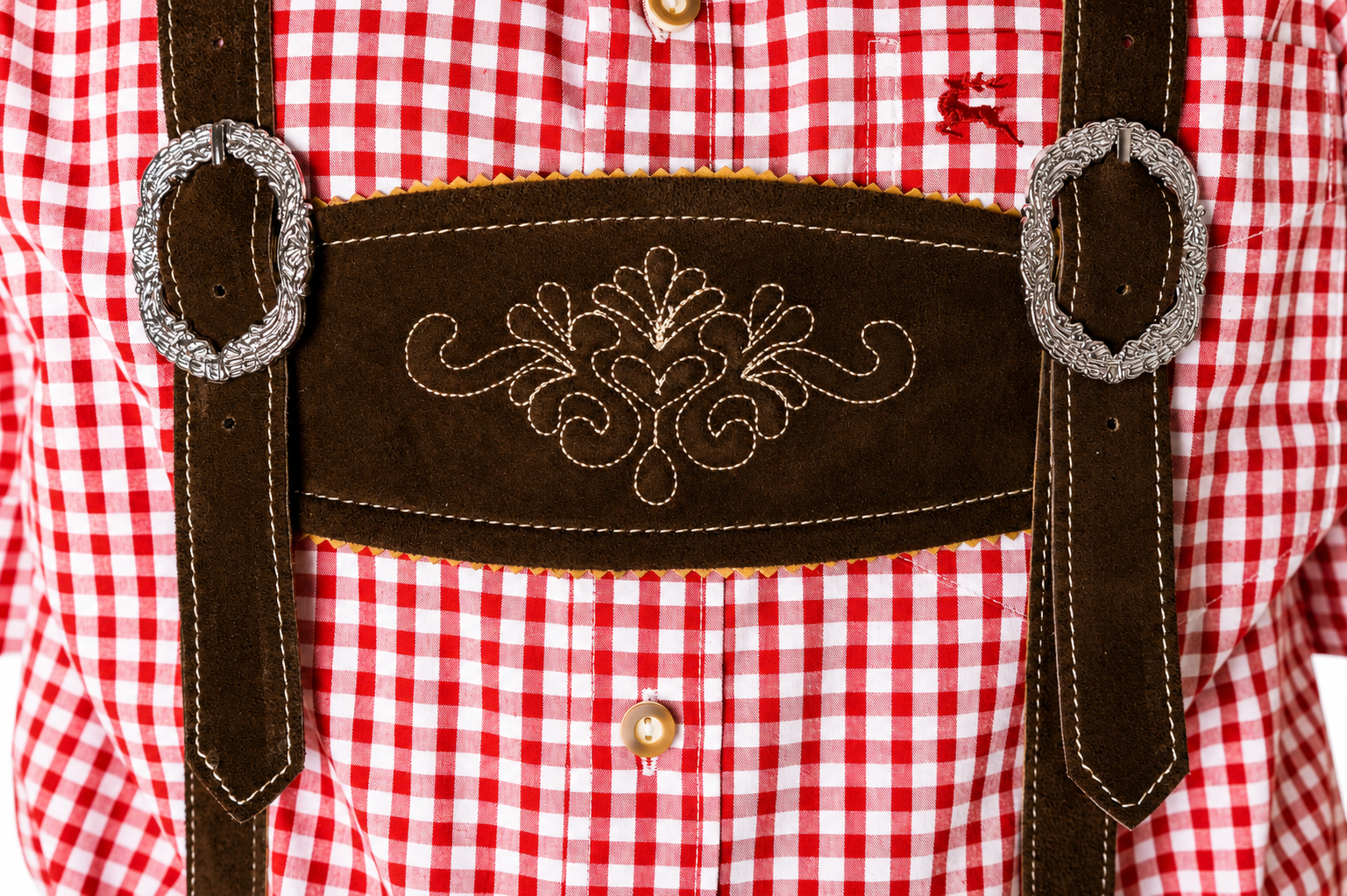 Lederhosenset Jupp met rood hemd en sokken